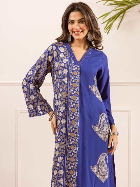 Sangria Printed Viscose Rayon V-Neck Kurta & Palazzos - Image 5