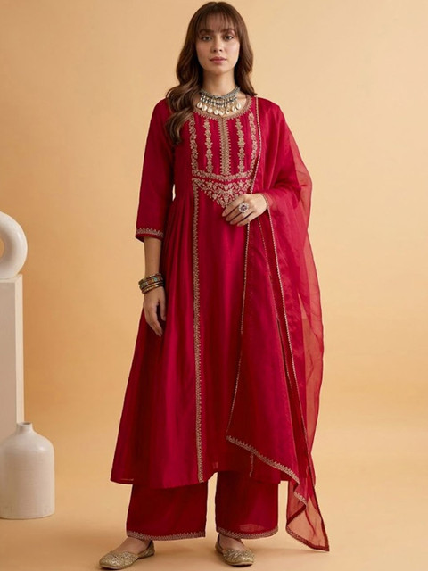 Sangria Zari Sequence Embroidered Round Neck Kurta & Trousers With Dupatta