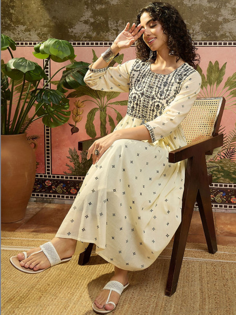 Sangria Embroidered Round Neck Calf Length A-Line Flared Kurta - Image 4