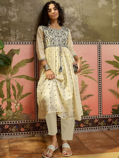 Sangria Embroidered Round Neck Calf Length A-Line Flared Kurta - Image 3