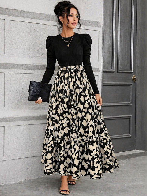 HOOk i Print Puff Sleeve Fit & Flare Maxi Dress