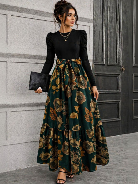 HOOk i Floral Print Puff Sleeve A-Line Maxi Dress