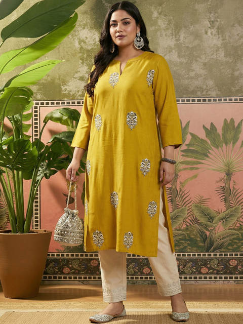Sangria Embroidered Viscose Rayon Mandarin Collar Calf Length Straight Kurtas