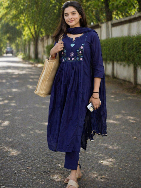 Keitra Women Ethnic Motifs Embroidered Empire Thread Work Kurta with Trousers & With Dupatta