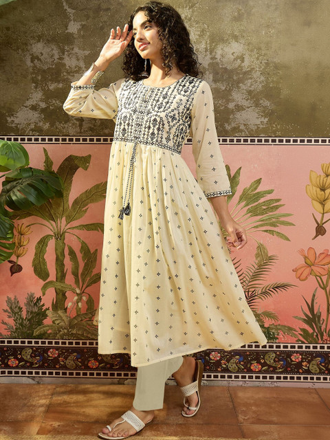 Sangria Embroidered Round Neck Calf Length A-Line Flared Kurta - Image 2