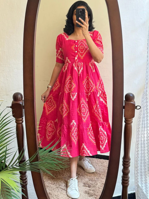 TiRoPatifab Print Puff Sleeve Fit & Flare Midi Dress
