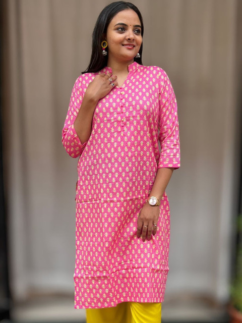 Rivaaj Ethnic Pink Women Ethnic Cotton Straight Mandarin Neck Kurta