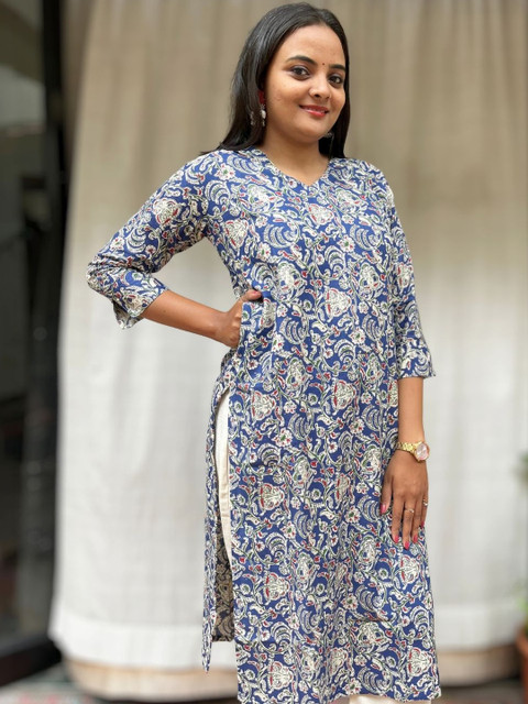 Rivaaj Ethnic Blue Women Ethnic Floral Cotton Straight V Neck Kurta