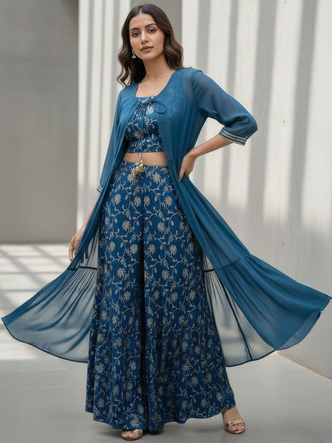 THREAD BOX Bohemian Printed Top with Palazzos & Jacket