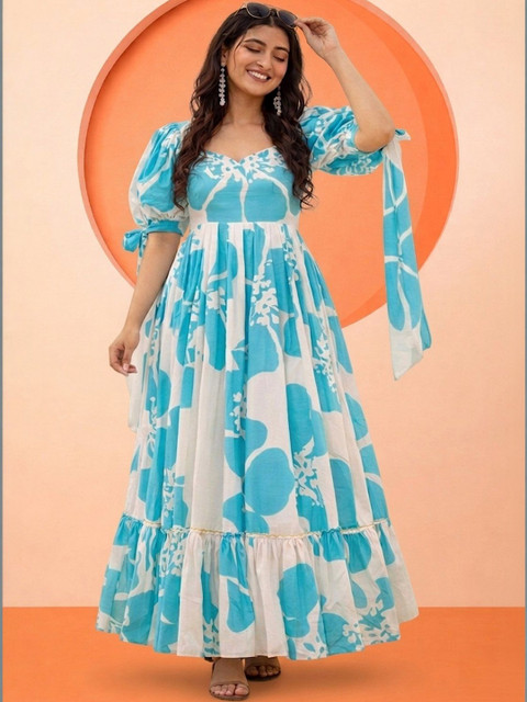 KALINI Floral Print Puff Sleeve Fit & Flare Maxi Dress