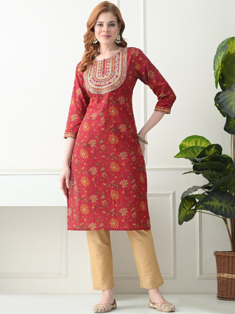 KJTRENDS Women Floral Printed Sequinned Floral Kurta