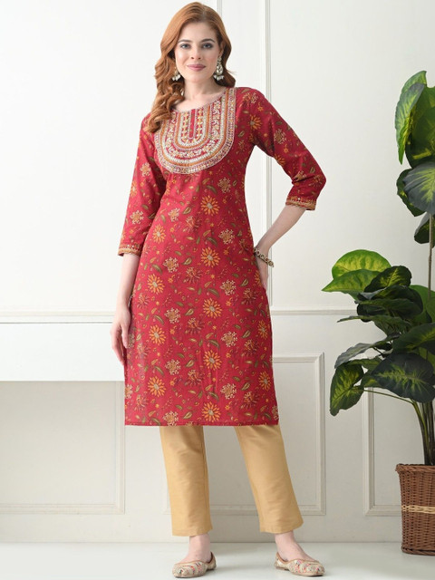 KJFAB Women Floral Printed Sequinned Floral Kurta