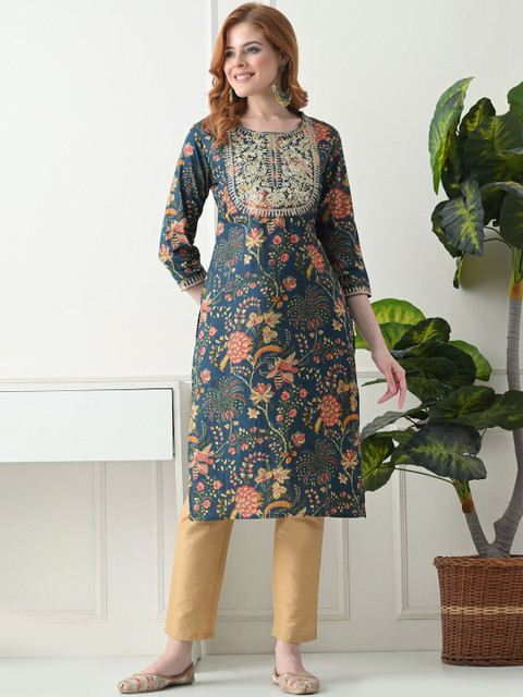 KJFAB Women Floral Printed Thread Work Indie Prints Kurta