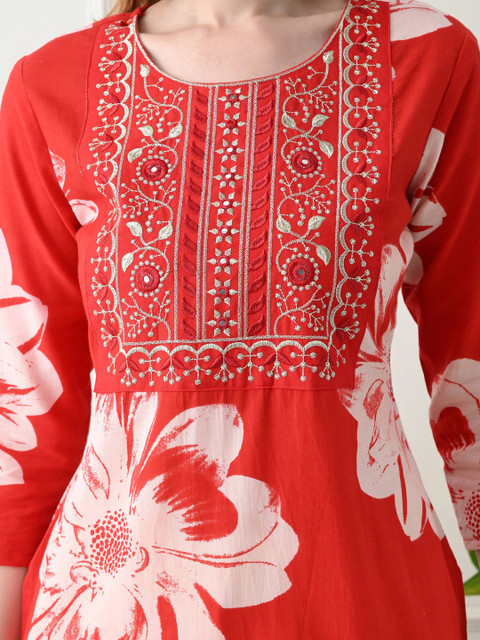 KJFAB Women Floral Printed Thread Work Floral Kurta - Image 4