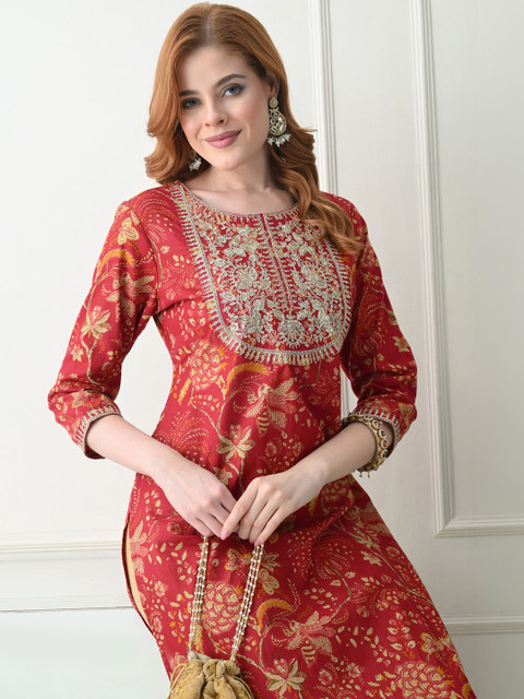 KJFAB Women Floral Printed Thread Work Kurta - Image 3