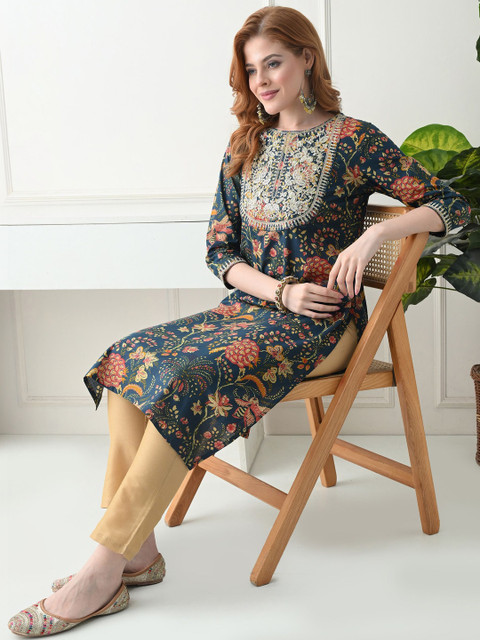 KJFAB Women Floral Printed Thread Work Indie Prints Kurta - Image 4