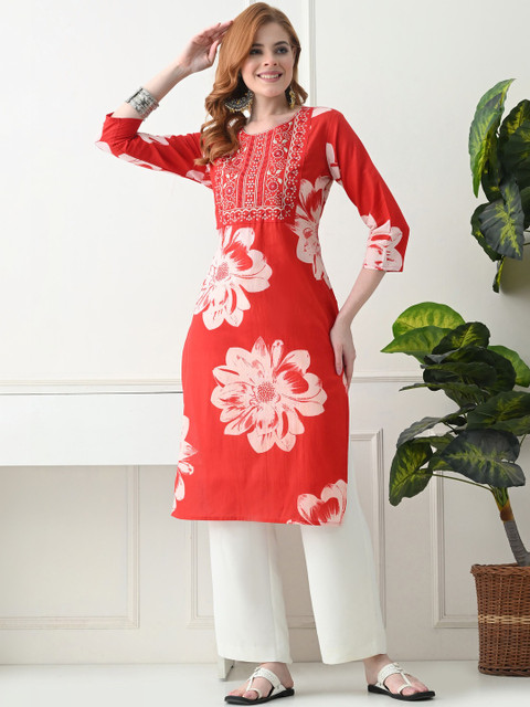 KJFAB Women Floral Printed Thread Work Floral Kurta