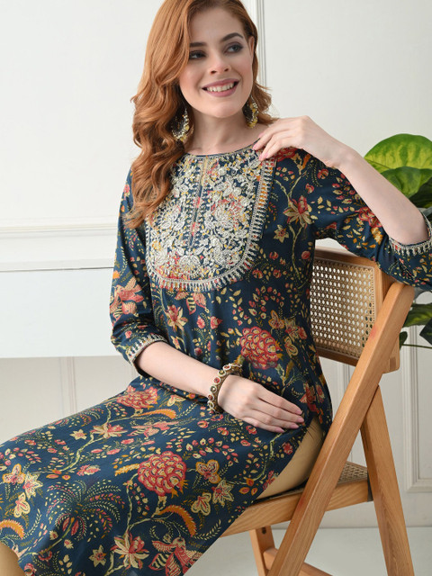 KJFAB Women Floral Printed Thread Work Indie Prints Kurta - Image 3
