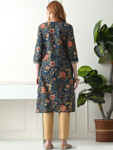 KJFAB Women Floral Printed Thread Work Indie Prints Kurta - Image 2
