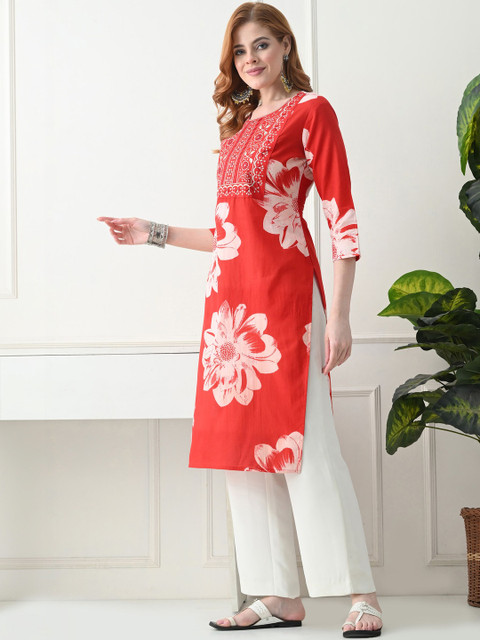 KJFAB Women Floral Printed Thread Work Floral Kurta - Image 2