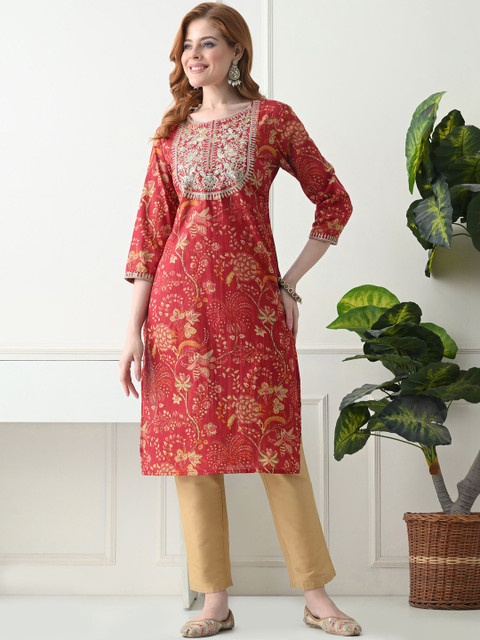 KJFAB Women Floral Printed Thread Work Kurta