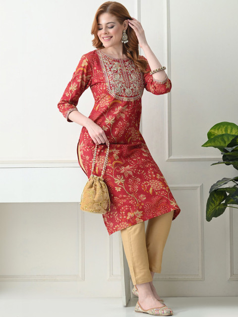 KJFAB Women Floral Printed Thread Work Kurta - Image 4
