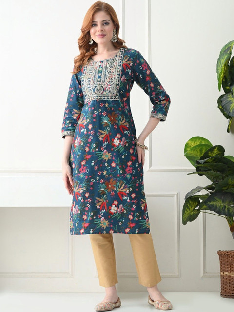 KJTRENDS Women Floral Printed Thread Work Floral Kurta