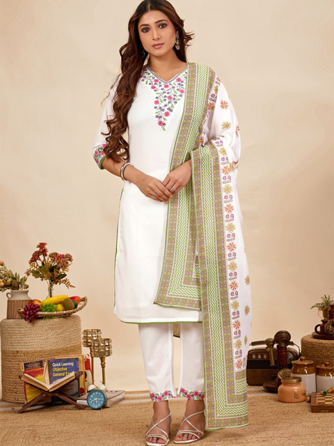 HERE&NOW Floral Embroidered V-Neck Thread Work Pure Cotton Kurta With Trousers & Dupatta