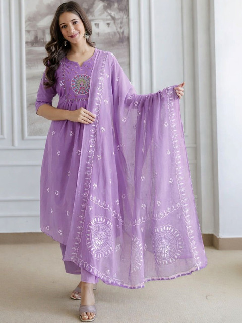 KALINI Women Ethnic Motifs Embroidered Empire Thread Work Pure Cotton Kurta with Trousers & With Dupatta