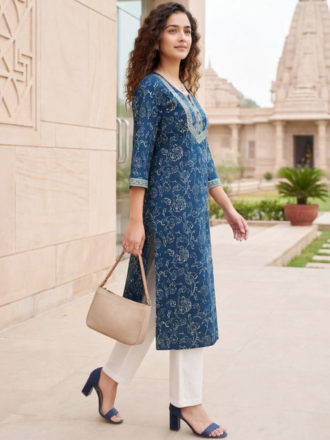 Merira Women Floral Printed Thread Work Indie Prints Kurta - Image 7