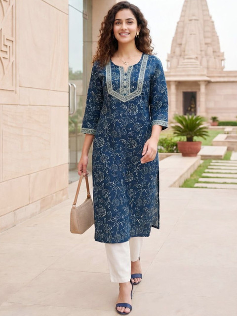 Merira Women Floral Printed Thread Work Indie Prints Kurta - Image 3