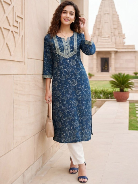 Merira Women Floral Printed Thread Work Indie Prints Kurta - Image 6