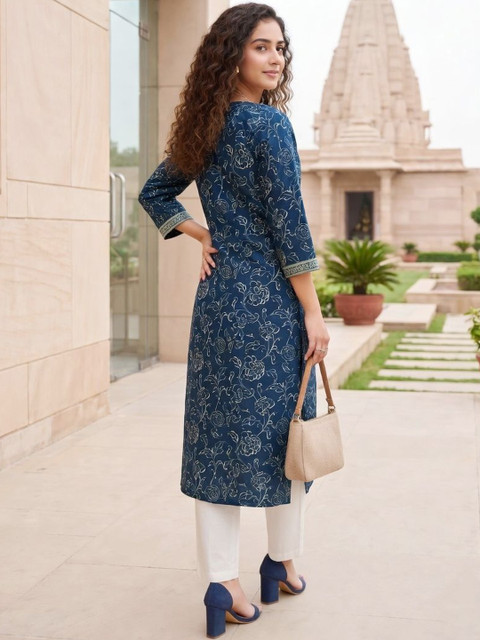 Merira Women Floral Printed Thread Work Indie Prints Kurta - Image 5