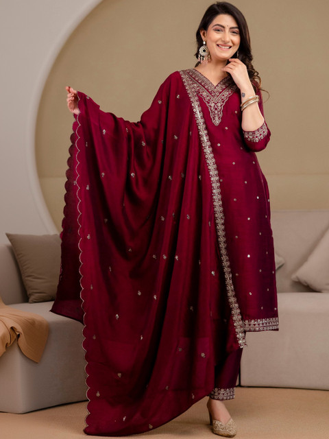 Berrylicious Women Ethnic Motifs Embroidered Regular Thread Work Kurta with Trousers & With Dupatta - Image 7