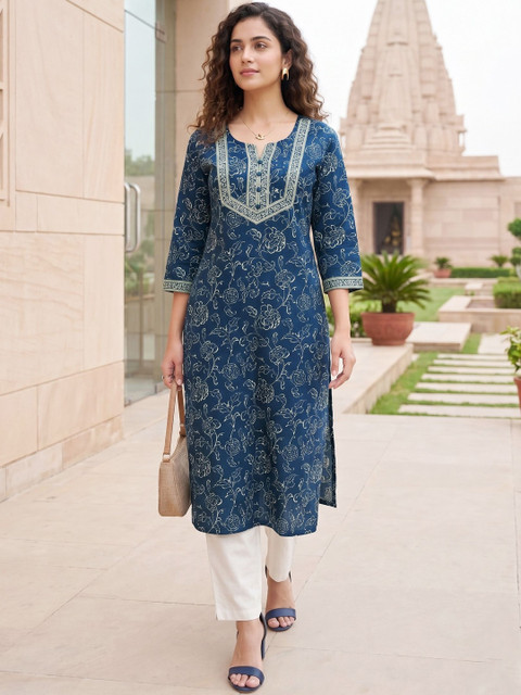 Merira Women Floral Printed Thread Work Indie Prints Kurta