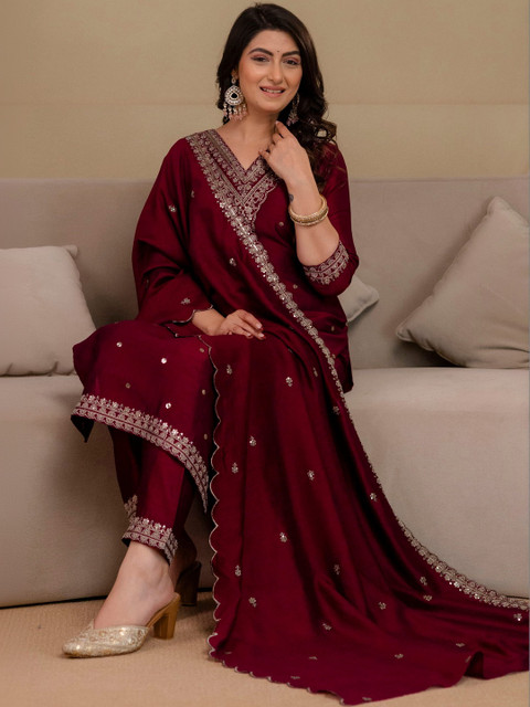 Berrylicious Women Ethnic Motifs Embroidered Regular Thread Work Kurta with Trousers & With Dupatta