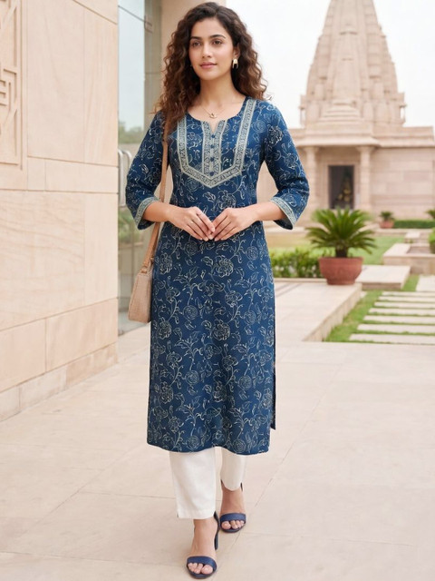 Merira Women Floral Printed Thread Work Indie Prints Kurta - Image 2