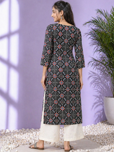 Sangria Printed Cotton V-Neck Calf Length Straight Kurtas - Image 5