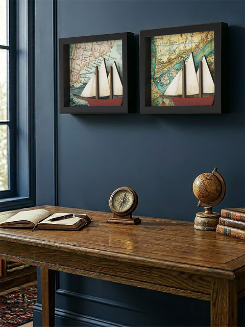 RANDOM Set of 2 Synthetic Wood 3D Ship Rectangular Framed Home Decor Wall Art