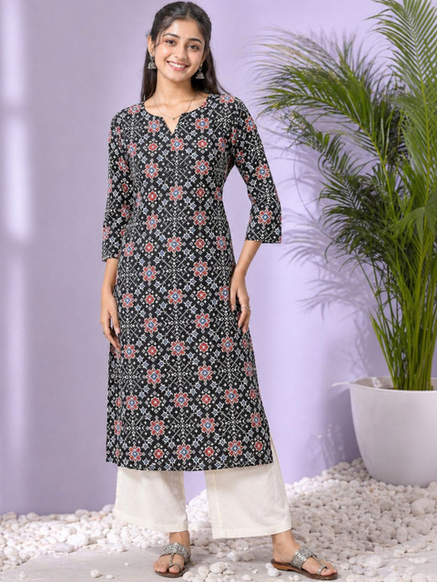 Sangria Printed Cotton V-Neck Calf Length Straight Kurtas - Image 4