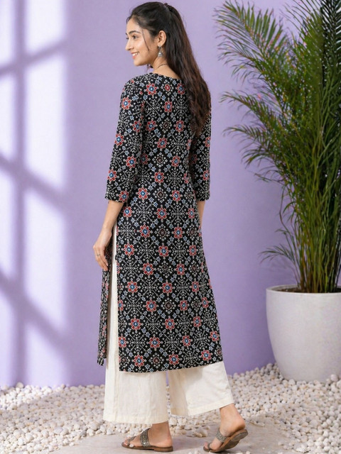 Sangria Printed Cotton V-Neck Calf Length Straight Kurtas - Image 6
