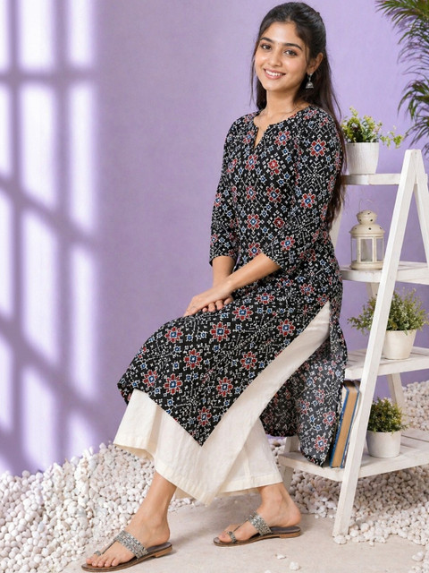 Sangria Printed Cotton V-Neck Calf Length Straight Kurtas