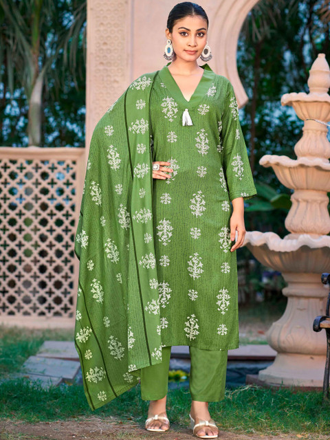 SURUKH Women Floral Printed Regular Gotta Patti Pure Cotton Kurta with Palazzos & With Dupatta