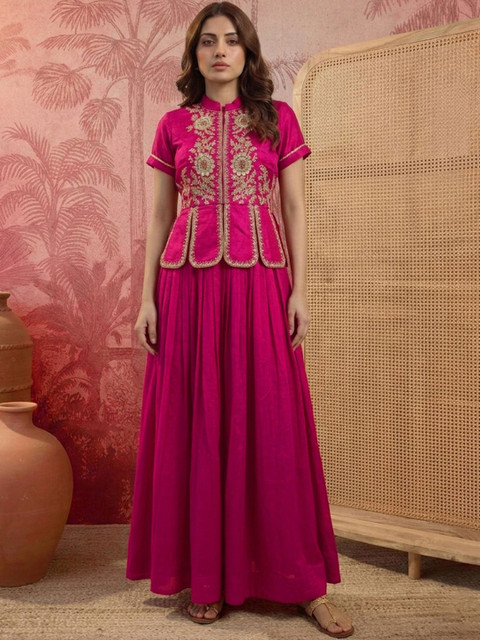 Sangria Indie Florals Embroidered Top with Skirt