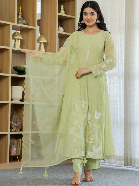 HERE&NOW Women Floral Embroidered Regular Sequinned Chanderi Silk Kurta with Palazzos & With Dupatta