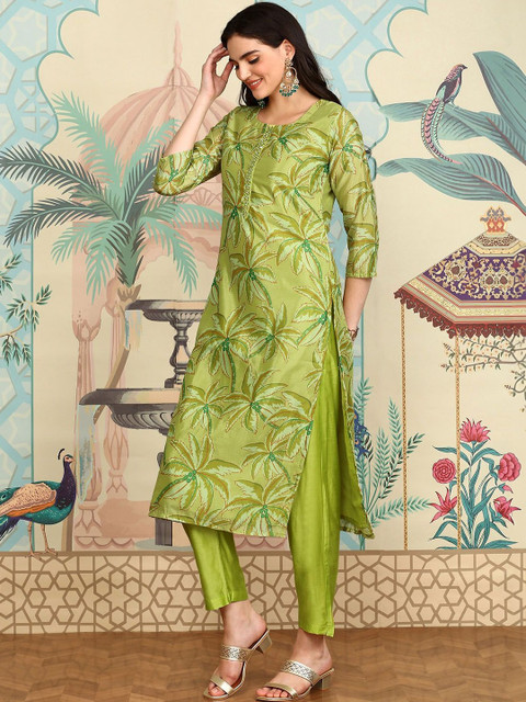 Ishin Women Ethnic Motifs Printed Regular Mirror Work Kurta with Trousers & With Dupatta