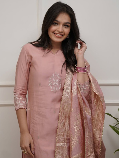 Kesudi Women Embroidered Regular Thread Work Chanderi Silk Kurta with Trousers & With Dupatta - Image 5