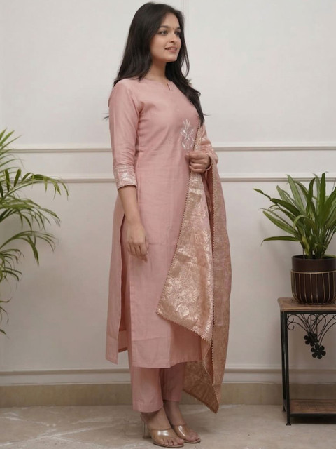 Kesudi Women Embroidered Regular Thread Work Chanderi Silk Kurta with Trousers & With Dupatta - Image 2