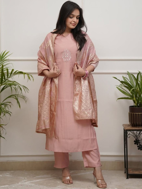 Kesudi Women Embroidered Regular Thread Work Chanderi Silk Kurta with Trousers & With Dupatta