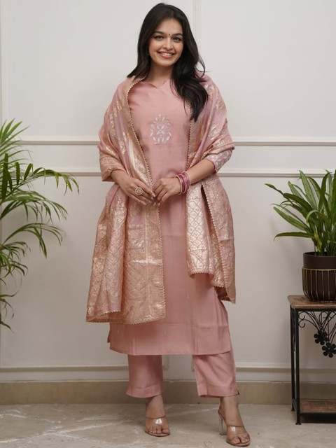 Kesudi Women Embroidered Regular Thread Work Chanderi Silk Kurta with Trousers & With Dupatta - Image 3